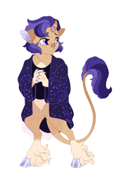 Size: 2870x4092 | Tagged: safe, artist:gigason, oc, oc only, oc:tricksy, abyssinian, hybrid, anthro, unguligrade anthro, g4, adoptable, cardigan, clothes, cloven hooves, coat markings, colored belly, colored claws, colored ears, colored eyebrows, colored hooves, colored horn, colored nose, colored pinnae, curved horn, eye markings, eyebrows, eyebrows visible through hair, eyelashes, facial markings, female, female oc, gradient pinnae, gradient tail, high res, hoof fluff, hooves, horn, hybrid oc, interspecies offspring, leonine tail, looking away, offspring, pale belly, parent:capper dapperpaws, parent:starlight glimmer, paws together, purple eyes, purple hair, purple hooves, purple tail, shiny hooves, simple background, small horn, smiling, snip (coat marking), socks (coat markings), solo, standing, striped hair, striped horn, striped tail, tail, tan fur, three toned hair, three toned tail, transparent background, two toned pinnae, unshorn fetlocks, wall of tags, watermark