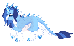 Size: 4400x2775 | Tagged: safe, artist:gigason, oc, oc only, oc:jadeite jaw, dracony, dragon, hybrid, g4, adoptable, blaze (coat marking), blue eyes, blue hooves, blue mane, blue scales, blue tail, cloven hooves, coat markings, colored belly, colored eyebrows, colored hooves, colored horn, colored muzzle, colored pinnae, curved horn, dracony oc, eye markings, facial markings, floppy ears, frown, high res, hoof fluff, hooves, horn, interspecies offspring, leg markings, light blue scales, long mane, long mane male, looking back, looking down, magical lesbian spawn, male, obtrusive watermark, offspring, pale belly, pale muzzle, parent:oc:amathos, parent:princess ember, parents:canon x oc, raised hoof, raised leg, scales, shiny hooves, shiny horn, shiny spikes, simple background, slit pupils, socks (coat markings), solo, spikes, standing on two hooves, straight mane, straight tail, striped horn, striped mane, striped tail, tail, thick eyelashes, three quarter view, transparent background, two toned mane, two toned tail, wall of tags, watermark, white belly, white muzzle