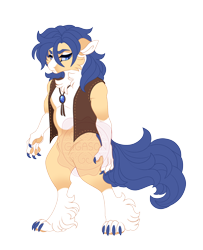 Size: 3500x4300 | Tagged: safe, artist:gigason, oc, oc only, oc:cowboy, abyssinian, hybrid, anthro, digitigrade anthro, g4, blaze (coat marking), blue eyes, blue hair, blue tail, bushy tail, cheek fluff, clothes, coat markings, colored belly, colored claws, colored ears, colored eyebrows, colored muzzle, colored paw pads, colored pinnae, ear fluff, eye markings, facial markings, floppy ears, fluffy hair, high res, interspecies offspring, long hair, long hair male, magical gay spawn, male, narrowed eyes, obtrusive watermark, offspring, pale muzzle, parent:capper dapperpaws, parent:oc:amathos, parents:canon x oc, simple background, slit pupils, socks (coat markings), solo, standing, tail, thick eyebrows, transparent background, unshorn fetlocks, vest, wall of tags, watermark, white muzzle, yellow fur