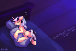 Size: 2400x1621 | Tagged: safe, artist:行豹cheetahspeed, oc, oc only, oc:autumn trace, pony, unicorn, bed, black and white mane, body pillow, butt, concave belly, cute, dock, eyes closed, featureless crotch, female, horn, hug, light, lying down, mare, moonlight, night, on bed, onomatopoeia, open mouth, orange eyes, peaceful, pillow, pillow hug, plot, sexy, sleeping, slender, solo, sound effects, tail, thin, two toned mane, two toned tail, yellow skin, zzz