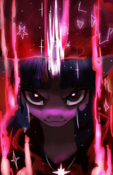 Size: 1500x2312 | Tagged: safe, artist:hierozaki, twilight sparkle, pony, unicorn, g4, bust, dramatic lighting, female, furrowed brow, glowing, glowing horn, horn, magic, mare, smiling, smirk, solo, unicorn twilight