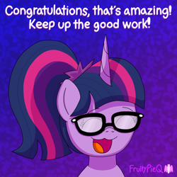 Size: 1000x1000 | Tagged: safe, artist:fruiitypieq, sci-twi, twilight sparkle, pony, unicorn, g4, abstract background, cute, eyes closed, female, glasses, gradient background, mare, open mouth, open smile, positive ponies, sci-twiabetes, smiling, solo, twiabetes, unicorn sci-twi