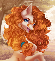 Size: 1800x2000 | Tagged: safe, artist:carmelissa, pear butter, earth pony, pony, g4, bust, female, mare, open mouth, open smile, outdoors, smiling, solo