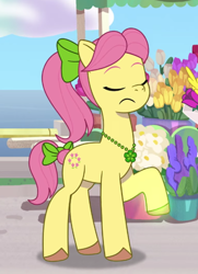 Size: 516x713 | Tagged: safe, screencap, posey bloom, earth pony, pony, g5, my little pony: tell your tale, neighfever, spoiler:g5, spoiler:my little pony: tell your tale, spoiler:tyts01e16, bouquet, cropped, earth pony magic, eyes closed, female, flower, flower shop, frown, glowing, glowing hooves, magic, mare, solo focus