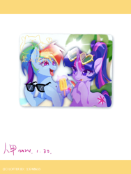 Size: 750x1000 | Tagged: safe, artist:13748633, rainbow dash, twilight sparkle, pony, unicorn, g4, duo, duo female, female, food, high ponytail, ponytail, popsicle, sunglasses, unicorn twilight