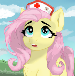 Size: 805x810 | Tagged: safe, artist:minecake, fluttershy, pegasus, pony, g4, cloud, hat, looking up, nurse hat, outdoors, solo, surprised