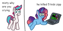 Size: 1663x824 | Tagged: safe, artist:zoeyhorse, misty brightdawn, zipp storm, pegasus, pony, unicorn, g5, 2 panel comic, comic, computer, dialogue, duo, duo female, female, five nights at freddy's, game theory, horn, laptop computer, lying down, mare, no socks, prone, rebirth misty, simple background, sploot, teary eyes, white background