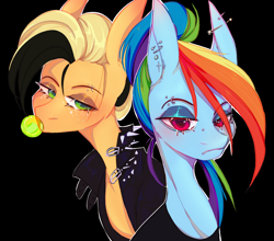 Size: 2048x1804 | Tagged: safe, artist:s1b3r, applejack, rainbow dash, earth pony, pegasus, pony, g4, black background, bubblegum, bust, clothes, duo, duo female, dyed mane, ear piercing, earring, eyebrow piercing, female, food, frown, gum, jacket, jewelry, leather, leather jacket, lesbian, lidded eyes, looking at you, mare, piercing, punk, ship:appledash, shipping, simple background, thin, tomboy