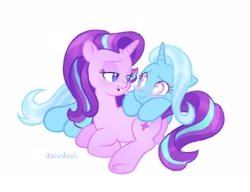 Size: 2048x1576 | Tagged: safe, artist:iksiudodi_, starlight glimmer, trixie, pony, unicorn, g4, blushing, duo, female, horn, lesbian, lidded eyes, looking at each other, looking at someone, ship:startrix, shipping, simple background, starry eyes, white background, wingding eyes