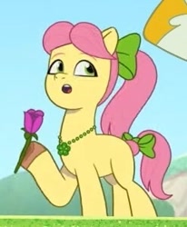 Size: 245x298 | Tagged: safe, screencap, posey bloom, earth pony, pony, g5, my little pony: tell your tale, the blockywockys, spoiler:g5, spoiler:my little pony: tell your tale, spoiler:tyts02e00, :o, cropped, female, flower, hoof hold, magnetic hooves, mare, offscreen character, open mouth, solo focus