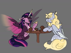 Size: 1874x1385 | Tagged: safe, artist:cerulean-crow, derpy hooves, twilight sparkle, alicorn, pegasus, pony, g4, alternate design, coat markings, colored wings, cup, duo, duo female, eating, eyes closed, female, floppy ears, food, gray background, lesbian, mare, muffin, open mouth, open smile, ship:twerpy, shipping, simple background, smiling, spread wings, teacup, twilight sparkle (alicorn), wings, wip