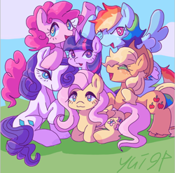 Size: 1080x1067 | Tagged: safe, artist:kibblemaniac, artist:yui94, applejack, fluttershy, pinkie pie, rainbow dash, rarity, twilight sparkle, earth pony, pegasus, pony, unicorn, g4, cloven hooves, cutie mark eyes, female, folded wings, freckles, group, group shot, horn, lidded eyes, lying down, mane six, mane six opening poses, mare, open mouth, open smile, prone, raised hoof, signature, smiling, spread wings, tail, unicorn twilight, unshorn fetlocks, wingding eyes, wings