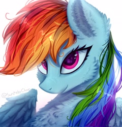 Size: 1970x2048 | Tagged: safe, artist:sunnekochan, rainbow dash, pegasus, pony, g4, ear fluff, female, high res, mare, partially open wings, signature, simple background, smiling, solo, white background, wings