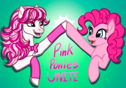 Size: 2048x1431 | Tagged: safe, artist:tygerthezebra, pinkie pie, earth pony, horse, pony, g4, bow, candi (wild manes), clothes, crossover, duo, duo female, female, high five, leg warmers, mare, open mouth, open smile, raised hoof, smiling, wild manes