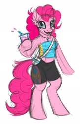 Size: 1330x2048 | Tagged: safe, artist:tygerthezebra, pinkie pie, earth pony, anthro, unguligrade anthro, g4, arm hooves, bag, clothes, drink, drinking straw, ear piercing, female, hoof hold, looking at you, mare, midriff, open mouth, open smile, piercing, short shirt, shorts, simple background, smiling, solo, tail, white background