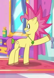 Size: 396x563 | Tagged: safe, screencap, posey bloom, earth pony, pony, g5, mane melody, my little pony: tell your tale, spoiler:g5, spoiler:my little pony: tell your tale, alternate hairstyle, cropped, female, grin, mane melody (location), mare, nervous, nervous smile, smiling, solo