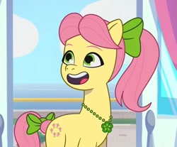 Size: 716x592 | Tagged: safe, screencap, posey bloom, earth pony, pony, g5, mane melody, my little pony: tell your tale, spoiler:g5, spoiler:my little pony: tell your tale, cropped, female, mare, open mouth, open smile, smiling, solo