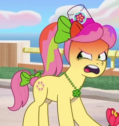 Size: 1014x1079 | Tagged: safe, screencap, posey bloom, earth pony, pony, g5, my little pony: tell your tale, zipp's yes day, spoiler:g5, spoiler:my little pony: tell your tale, spoiler:tyts01e22, angry, cropped, cup, drink, female, mare, open mouth, posey bloom is not amused, posey can't catch a break, red face, smoothie, solo, spilled drink, unamused