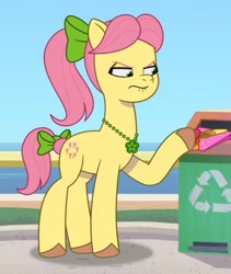 Size: 1313x1553 | Tagged: safe, screencap, posey bloom, earth pony, pony, g5, my little pony: tell your tale, secret ad-mare-er, spoiler:g5, spoiler:my little pony: tell your tale, spoiler:tyts01e44, cropped, envelope, female, frown, mare, posey bloom is not amused, recycle bin, solo, throwing away, unamused