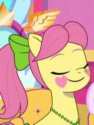 Size: 339x449 | Tagged: safe, screencap, posey bloom, earth pony, pony, g5, jazz hearts rocky, my little pony: tell your tale, spoiler:g5, spoiler:my little pony: tell your tale, spoiler:tyts02e04, blushing, cropped, eyes closed, female, heart, makeup, mare, smiling, solo