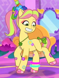 Size: 1307x1724 | Tagged: safe, screencap, posey bloom, earth pony, pony, bridlewoodstock (tell your tale), g5, my little pony: tell your tale, spoiler:g5, spoiler:my little pony: tell your tale, spoiler:tyts01e55, bracelet, bridlewoodstock, cropped, decorated, dyed mane, dyed tail, female, grin, hoof polish, jewelry, leg band, mare, necklace, smiling, solo, tail