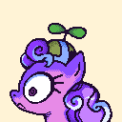 Size: 1024x1024 | Tagged: safe, artist:boxwari, screwball, earth pony, pony, g4, bust, digital art, female, frown, hat, mare, pixel art, propeller hat, simple background, solo, yellow background