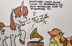 Size: 2048x1311 | Tagged: safe, artist:hoofclid, braeburn, oc, oc:hoofclid, earth pony, pony, unicorn, g4, canon x oc, duo, duo male, embarrassed, eyes closed, gay, horn, male, marker drawing, music notes, open mouth, open smile, phonograph, shipping, smiling, speech bubble, traditional art, wavy mouth