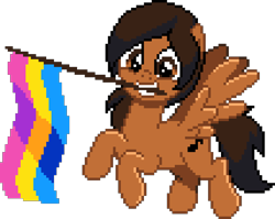 Size: 1070x850 | Tagged: safe, artist:katnekobase, editor:cocoa bittersweet, oc, oc only, oc:cocoa bittersweet, pegasus, pony, g4, digital art, flag, flying, holding, male, manepxls, mouth hold, pansexual pride flag, pixel art, pride, pride flag, pxls.space, simple background, smiling, solo, stallion, transparent background