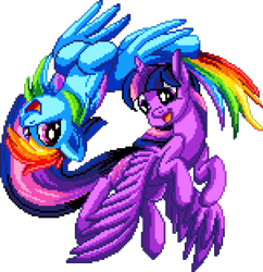 Size: 1057x1092 | Tagged: safe, artist:dragonm97, rainbow dash, twilight sparkle, alicorn, pegasus, pony, g4, cute, digital art, duo, duo female, female, flying, lesbian, looking at each other, looking at someone, manepxls, mare, open mouth, pixel art, pxls.space, ship:twidash, shipping, simple background, transparent background, twilight sparkle (alicorn), upside down