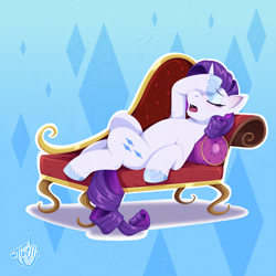 Size: 2000x2000 | Tagged: safe, artist:willoillo, rarity, pony, unicorn, g4, dramatic, fainting couch, female, hoof on head, horn, mare, marshmelodrama, open mouth, pillow, rarity being rarity, solo