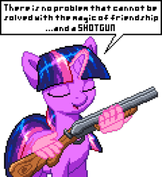 Size: 960x1048 | Tagged: safe, artist:skitsroom, artist:tihan, twilight sparkle, pony, unicorn, g4, digital art, double barreled shotgun, eyes closed, female, glowing, glowing horn, gun, hand, holding, horn, magic, magic aura, magic hands, manepxls, mare, open mouth, pixel art, pxls.space, shotgun, simple background, smiling, solo, speech bubble, transparent background, unicorn twilight, weapon