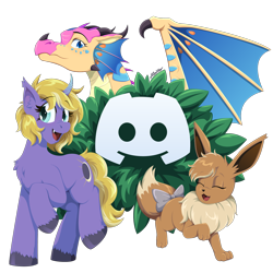 Size: 2000x2000 | Tagged: safe, artist:willoillo, oc, dragon, eevee, pony, unicorn, art, discord logo, discord server, horn, illustration, kinkajou (wings of fire), pokémon, promotion, rainwing, simple background, transparent background, wings of fire (book series)