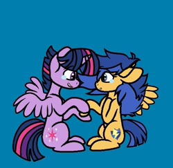 Size: 1379x1340 | Tagged: safe, artist:magickyotearts112295, flash sentry, twilight sparkle, alicorn, pegasus, pony, g4, blue background, crying, cute, daaaaaaaaaaaw, duo, duo male and female, dusk shine, female, flare warden, holding hoof, looking at each other, looking at someone, male, mare, prince dusk, rule 63, ship:duskflare, ship:flashlight, shipping, simple background, smiling, smiling at each other, stallion, straight, tears of joy, teary eyes, twilight sparkle (alicorn)