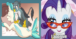 Size: 936x487 | Tagged: safe, artist:vavacung, gabby, rarity, terramar, griffon, pony, seapony (g4), unicorn, g4, dorsal fin, female, fin, fin wings, fins, fish tail, gabbymar, glasses, horn, male, mare, rarity's glasses, shipper on deck, shipping, straight, tail, trio, wings