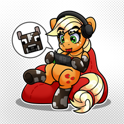 Size: 4000x4000 | Tagged: safe, artist:partypievt, applejack, cow, earth pony, pony, g4, beanbag, beanbag chair, belly, chew toy, chewing, cowprint, eating, eyebrows, eyelashes, female, hatless, headphones, mare, minecraft, minecraft cow, missing accessory, nintendo, nintendo switch, solo