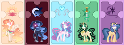 Size: 2259x822 | Tagged: safe, artist:alinamandarina, artist:lunerymish, princess flurry heart, oc, oc:flowris sunbeam, oc:luneria lokisdottir, oc:luneria sparkle, oc:magical sentry, oc:moonlight eclipse, alicorn, changepony, hybrid, pony, unicorn, g4, female, group, horn, interspecies offspring, mare, offspring, older, older flurry heart, parent:flash sentry, parent:king sombra, parent:loki laufeyson, parent:oc:twivine sparkle, parent:princess celestia, parent:princess luna, parent:thorax, parent:twilight sparkle, parents:flashlight, parents:lumbra, parents:thoralestia