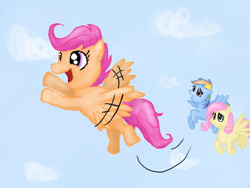 Size: 900x675 | Tagged: safe, artist:vanessacake, fluttershy, rainbow dash, scootaloo, pegasus, pony, g4, 2012, artifact, female, filly, flying, foal, mare, old art, scootaloo can fly, sky, trio, trio female