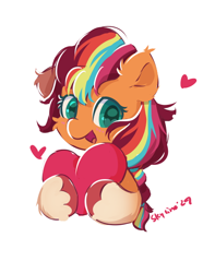 Size: 476x605 | Tagged: safe, artist:skylinepony_, sunny starscout, earth pony, pony, g5, cute, ear fluff, female, fluffy, heart, looking at you, mane stripe sunny, open mouth, simple background, smiling, smiling at you, solo, sunnybetes, white background