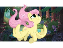 Size: 2160x1680 | Tagged: safe, artist:brella, fluttershy, pegasus, pony, g4, cute, female, flying, forest, looking up, nature, shyabetes, smiling, solo, tree