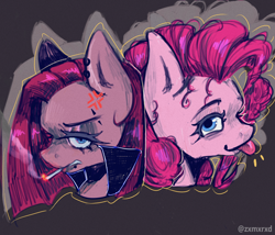 Size: 3500x3000 | Tagged: safe, artist:zxmxrxd, pinkie pie, earth pony, pony, g4, :p, brown background, bust, choker, cigarette, cross-popping veins, duality, emanata, female, high res, mare, pinkamena diane pie, popped collar, signature, simple background, smoking, tongue out