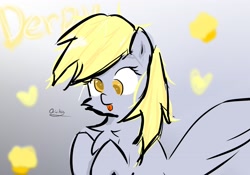 Size: 3543x2480 | Tagged: safe, artist:orivika_, derpy hooves, pegasus, pony, g4, :p, chest fluff, cute, derpabetes, food, gradient background, heart, muffin, name, signature, solo, tongue out