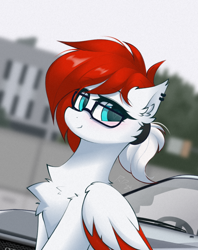 Size: 824x1042 | Tagged: safe, artist:rieyadraws, oc, oc only, oc:aerobeat, pegasus, pony, blue eyes, blushing, car, chest fluff, colored wings, colored wingtips, ear fluff, ear piercing, glasses, hairband, looking at you, nissan, nissan gt-r, piercing, red hair, smiling, smiling at you, two toned mane, two toned wings, white coat, wings