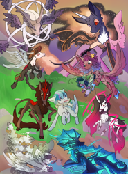 Size: 2138x2894 | Tagged: safe, artist:destiny_manticor, tantabus, oc, oc only, oc:binghe, oc:crosshatch, oc:ectoplasm, oc:maxie, oc:princess sea swirl, oc:sabel, oc:solar flare, oc:summerfall, oc:zixxer, alicorn, angel, bug pony, changeling, cloud pony, draconequus, hybrid, insect, kirin, merpony, original species, pegasus, plush pony, pony, unicorn, zebra, g4, cloud, colored wings, crystal wings, curly mane, curved horn, ethereal mane, ethereal tail, eyes closed, fangs, female, flying, horn, insect wings, jewelry, long mane, looking at each other, looking at someone, male, mare, mountain, no mouth, one eyed, plushie, ring, river, rock, sitting, smiling, stallion, standing, tail, transparent wings, two toned mane, two toned wings, unshorn fetlocks, water, wings