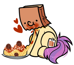 Size: 1060x938 | Tagged: safe, artist:paperbagpony, oc, oc only, oc:paper bag, earth pony, pony, eating, fake cutie mark, food, pasta, simple background, solo, spaghetti, white background