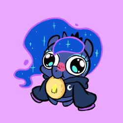 Size: 800x800 | Tagged: safe, artist:paperbagpony, princess luna, pony, g4, blushing, chibi, clothes, commission, food, hoodie, mouth hold, pancakes, pink background, simple background, solo, ych result