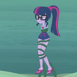 Size: 2000x2000 | Tagged: safe, artist:nie-martw-sie-o-mnie, sci-twi, twilight sparkle, human, equestria girls, g4, asphyxiation, clothes, damsel in distress, drowning, female, glasses, hat, high res, holding breath, ocean, one-piece swimsuit, peril, sandals, sci-twi swimsuit, seaweed, solo, swimsuit, tied up, underwater, water