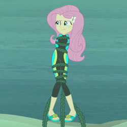 Size: 2000x2000 | Tagged: safe, artist:nie-martw-sie-o-mnie, fluttershy, human, equestria girls, g4, asphyxiation, clothes, damsel in distress, drowning, female, fluttershy's hairpin, fluttershy's wetsuit, hat, high res, holding breath, legs together, ocean, peril, sandals, seaweed, solo, swimsuit, tied up, underwater, water, wetsuit