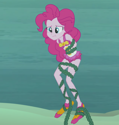 Size: 2000x2100 | Tagged: safe, artist:nie-martw-sie-o-mnie, pinkie pie, human, equestria girls, g4, asphyxiation, clothes, damsel in distress, drowning, female, flippers (gear), hat, high res, holding breath, ocean, one-piece swimsuit, peril, pinkie pie swimsuit, seaweed, solo, swimsuit, tied up, underwater, water