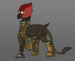 Size: 2200x1800 | Tagged: safe, artist:somber, oc, oc only, griffon, armor, dead space, female, gradient background, griffon oc, solo