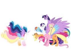 Size: 640x439 | Tagged: safe, artist:veryinsecureperson, applejack, fluttershy, pinkie pie, rainbow dash, rarity, twilight sparkle, alicorn, hydra, hydra pony, pegasus, pony, seraph, seraphicorn, unicorn, g4, appleflaritwidashpie, applejack's hat, colored wings, cowboy hat, ethereal mane, female, folded wings, freckles, fused, fusion, fusion:applejack, fusion:fluttershy, fusion:pinkie pie, fusion:rainbow dash, fusion:rarity, fusion:twilight sparkle, glowing, glowing hooves, glowing horn, glowing mane, hat, horn, mane six, mane six hydra, multicolored wings, multiple wings, open mouth, simple background, six heads, spread wings, tongue out, wat, what has magic done, what has science done, white background, wings